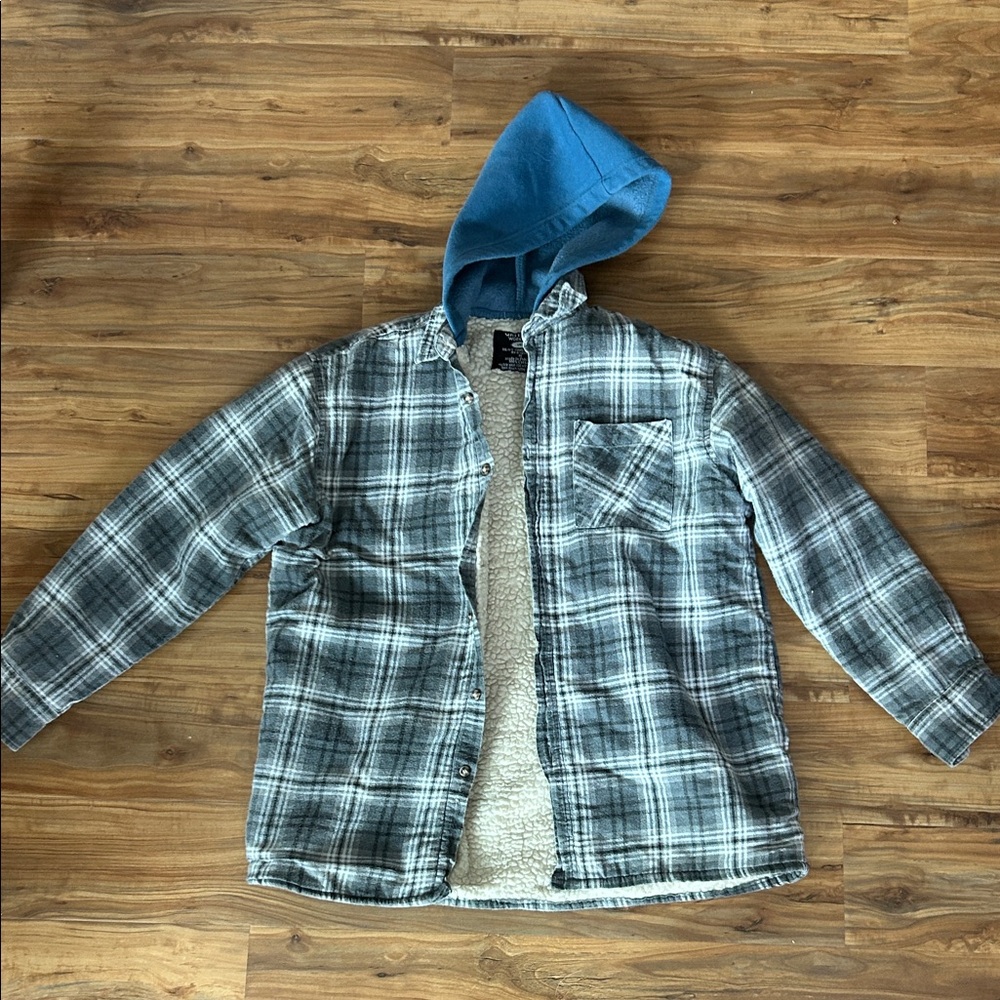 Grit Iron Men’s Workwear Sherpa-Lined Windowpane Plaid Hooded Shacket Size M